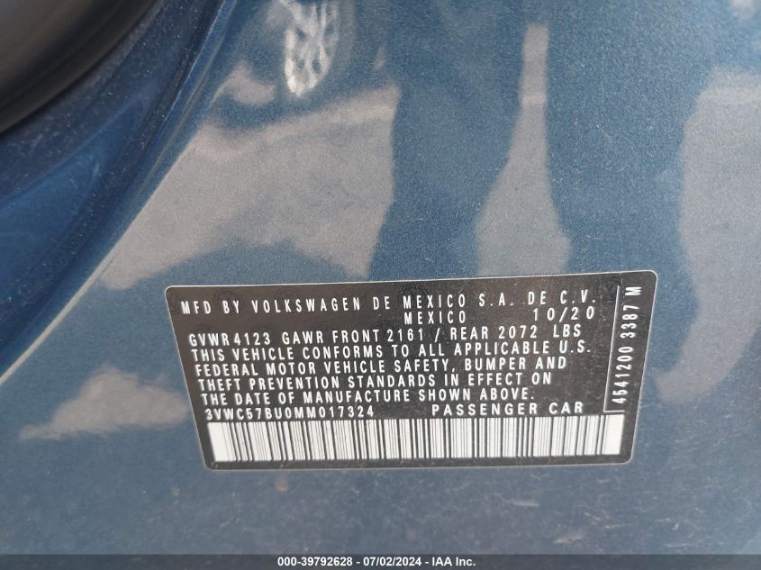 2021 Volkswagen Jetta 1.4T R-Line/1.4T S/1.4T Se VIN: 3VWC57BU0MM017324 Lot: 39792628