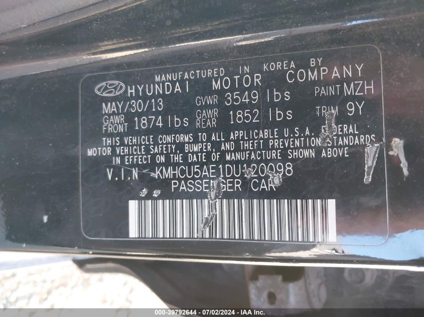 2013 Hyundai Accent Se VIN: KMHCU5AE1DU120098 Lot: 39792644