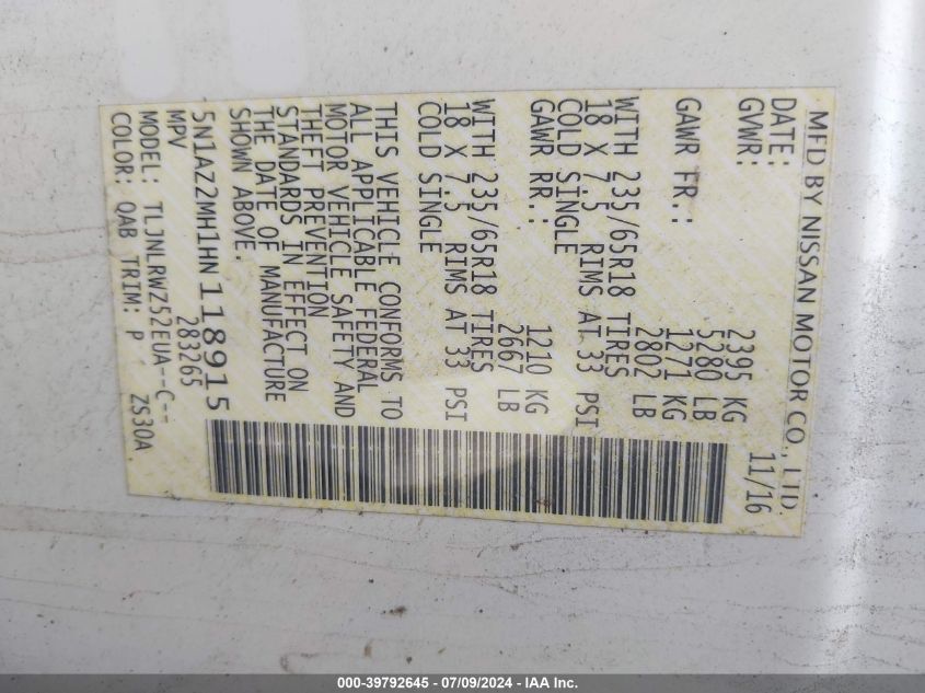 2017 Nissan Murano Sl VIN: 5N1AZ2MH1HN118915 Lot: 39792645