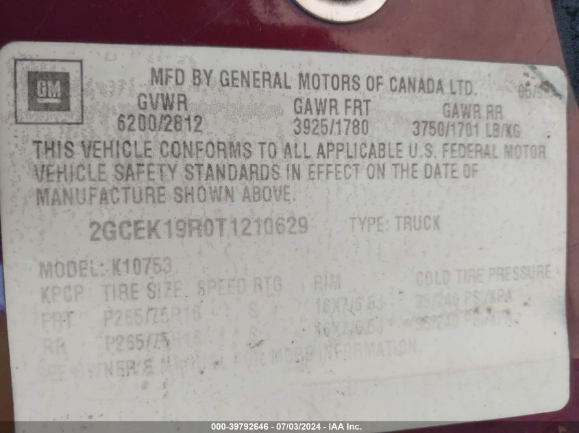 1996 Chevrolet Gmt-400 K1500 VIN: 2GCEK19R0T1210629 Lot: 39792646