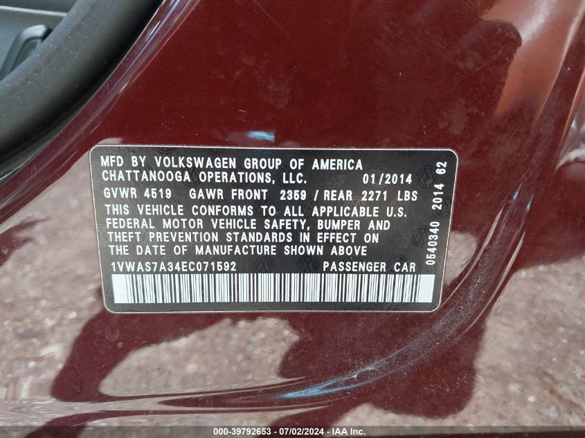 2014 Volkswagen Passat 1.8T Wolfsburg Edition VIN: 1VWAS7A34EC071592 Lot: 39792653