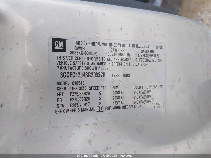 2008 Chevrolet Silverado 1500 Lt1 VIN: 3GCEC13J48G303278 Lot: 39792655