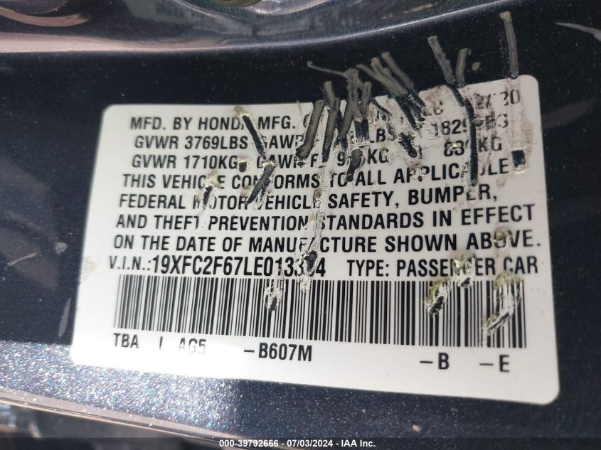 2020 Honda Civic Lx VIN: 19XFC2F67LE013364 Lot: 39792666