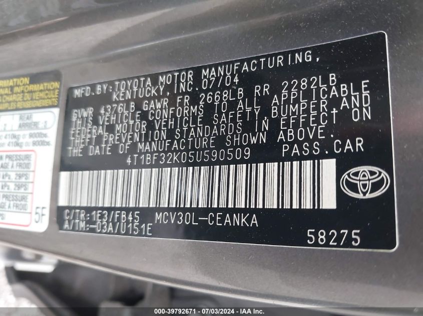 4T1BF32K05U590509 2005 Toyota Camry Le V6