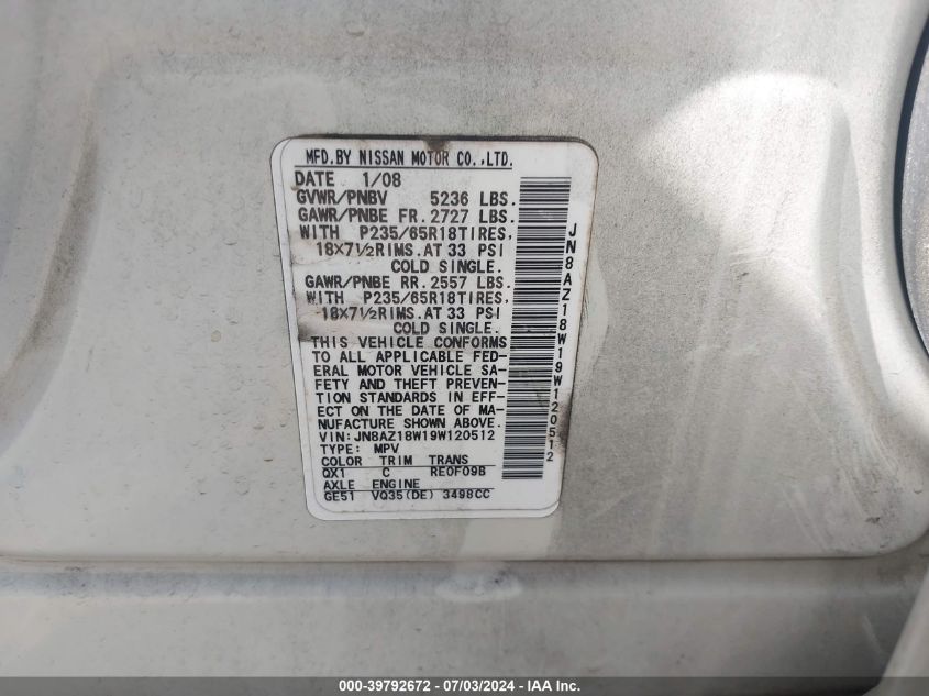 2009 Nissan Murano S/Sl/Le VIN: JN8AZ18W19W120512 Lot: 39792672