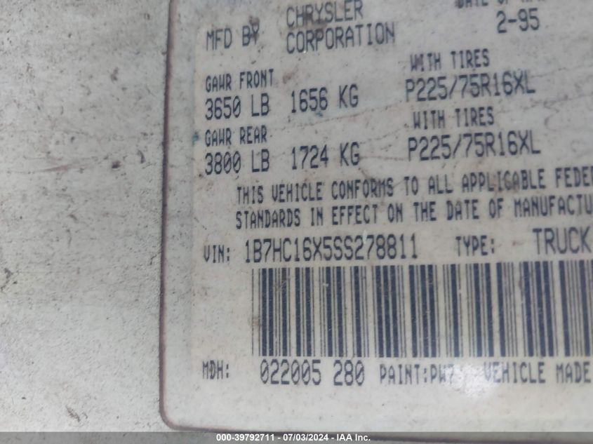 1995 Dodge Ram 1500 VIN: 1B7HC16X5SS278811 Lot: 39792711