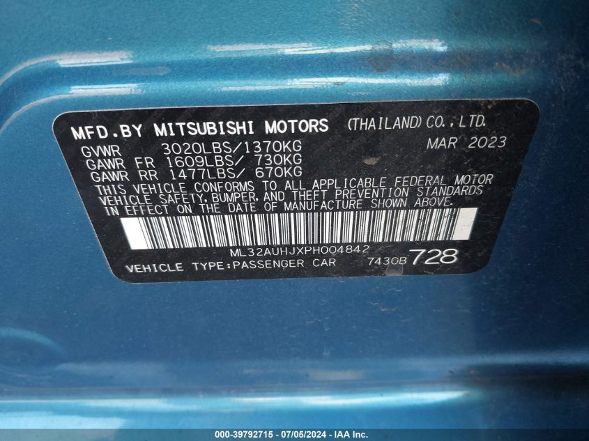 2023 Mitsubishi Mirage Es VIN: ML32AUHJXPH004842 Lot: 39792715