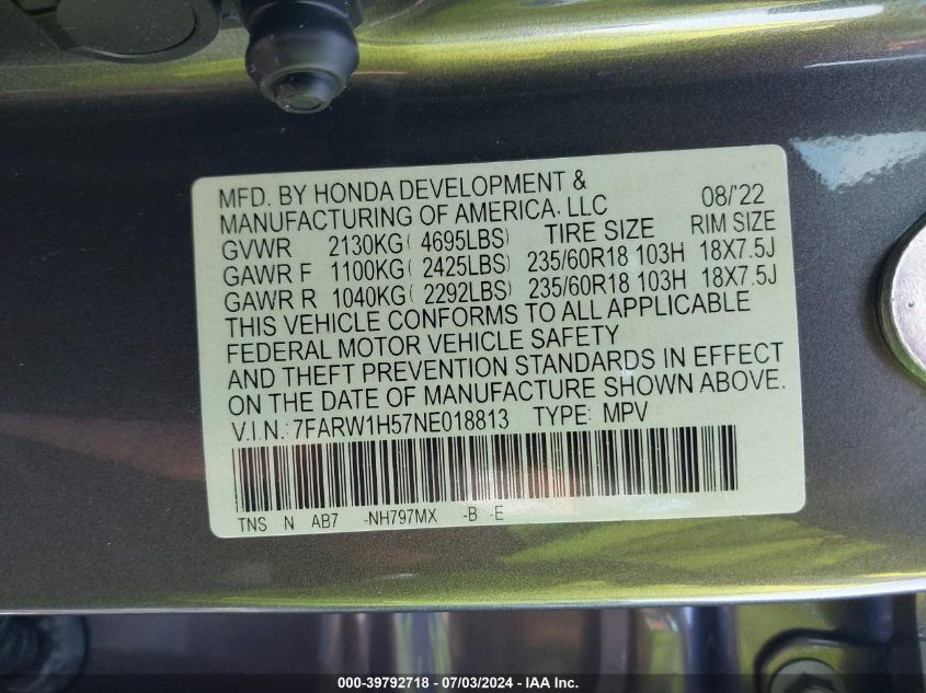 2022 Honda Cr-V 2Wd Ex VIN: 7FARW1H57NE018813 Lot: 39792718