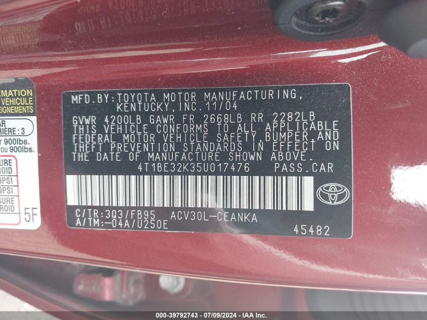 2005 Toyota Camry Le VIN: 4T1BE32K35U017476 Lot: 39792743