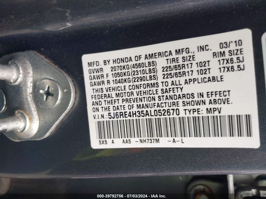 2010 Honda Cr-V Lx VIN: 5J6RE4H35AL052670 Lot: 39792756