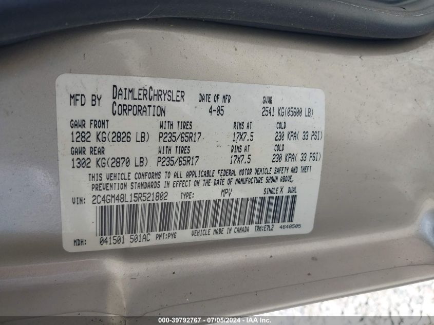 2005 Chrysler Pacifica VIN: 2C4GM48L15R521802 Lot: 39792767