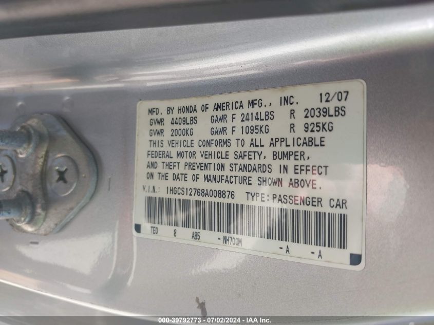 1HGCS12768A008876 | 2008 HONDA ACCORD