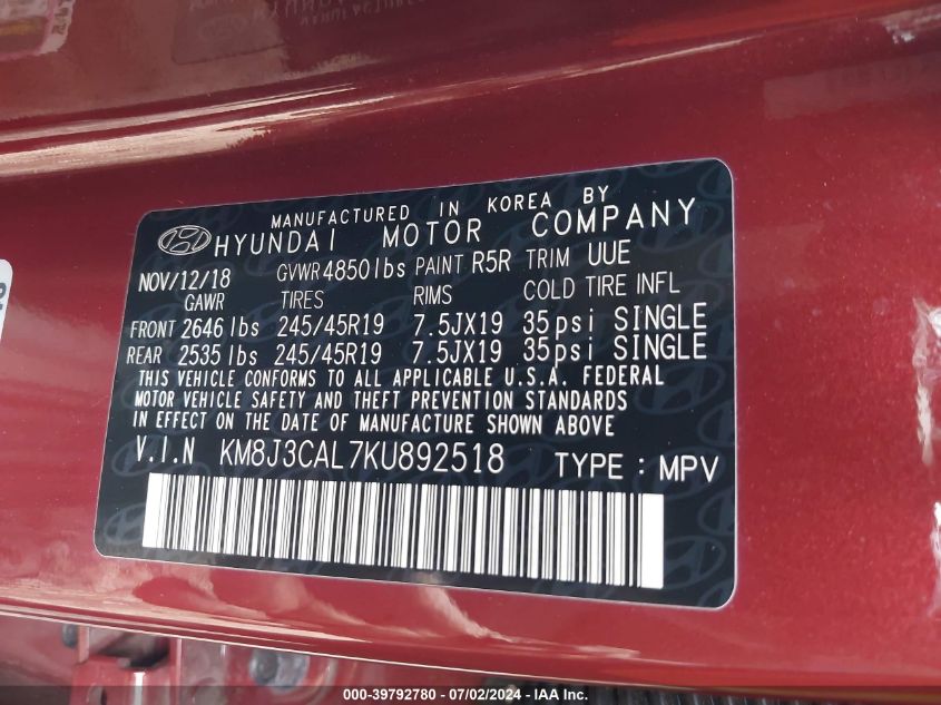 2019 Hyundai Tucson Sport VIN: KM8J3CAL7KU892518 Lot: 39792780