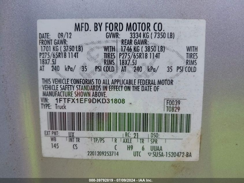 2013 Ford F-150 Stx VIN: 1FTFX1EF9DKD31808 Lot: 39792819