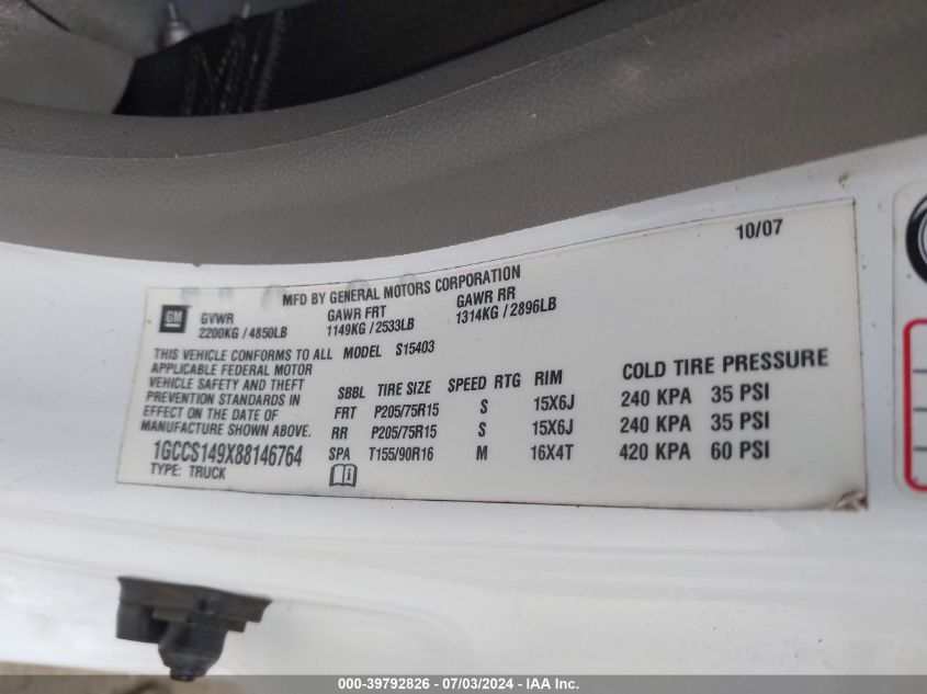 2008 Chevrolet Colorado Work Truck VIN: 1GCCS149X88146764 Lot: 39792826