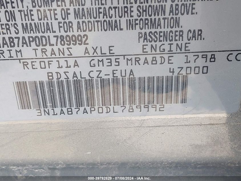 2013 Nissan Sentra S VIN: 3N1AB7AP0DL789992 Lot: 39792829