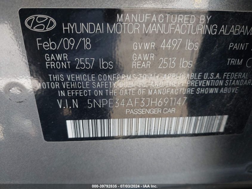 2018 Hyundai Sonata Sport/Limited/Sel VIN: 5NPE34AF3JH691147 Lot: 39792835