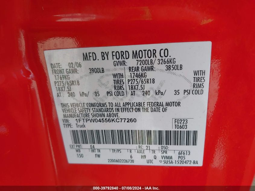 2006 Ford F-150 Fx4/Xlt VIN: 1FTPW04556KC77260 Lot: 39792840