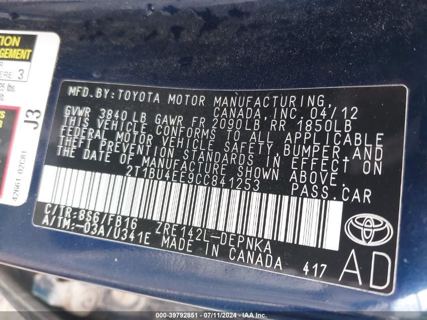 2T1BU4EE9CC841253 2012 Toyota Corolla Le