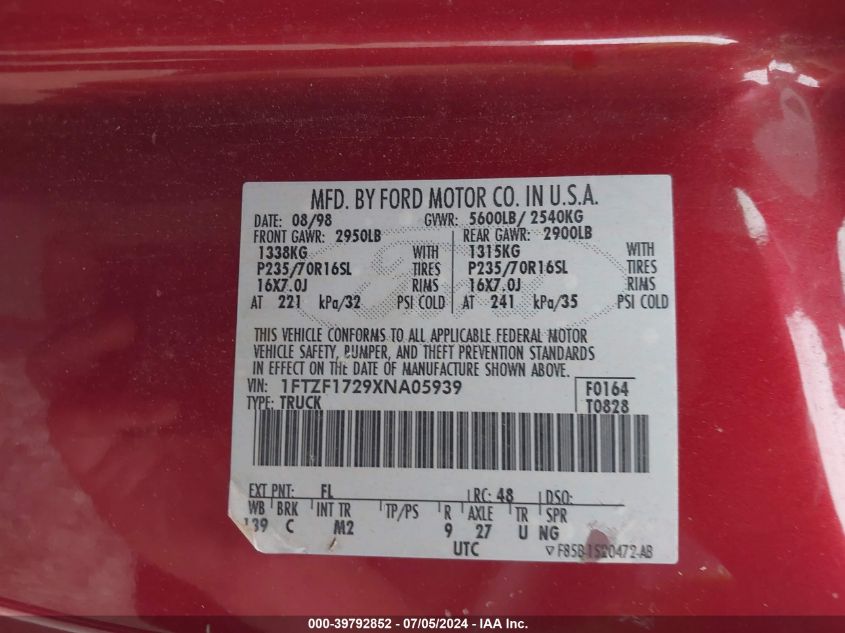1999 Ford F-150 Work Series/Xl/Xlt VIN: 1FTZF1729XNA05939 Lot: 39792852