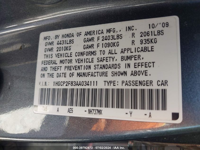2010 Honda Accord 2.4 Ex-L VIN: 1HGCP2F83AA034111 Lot: 39792873