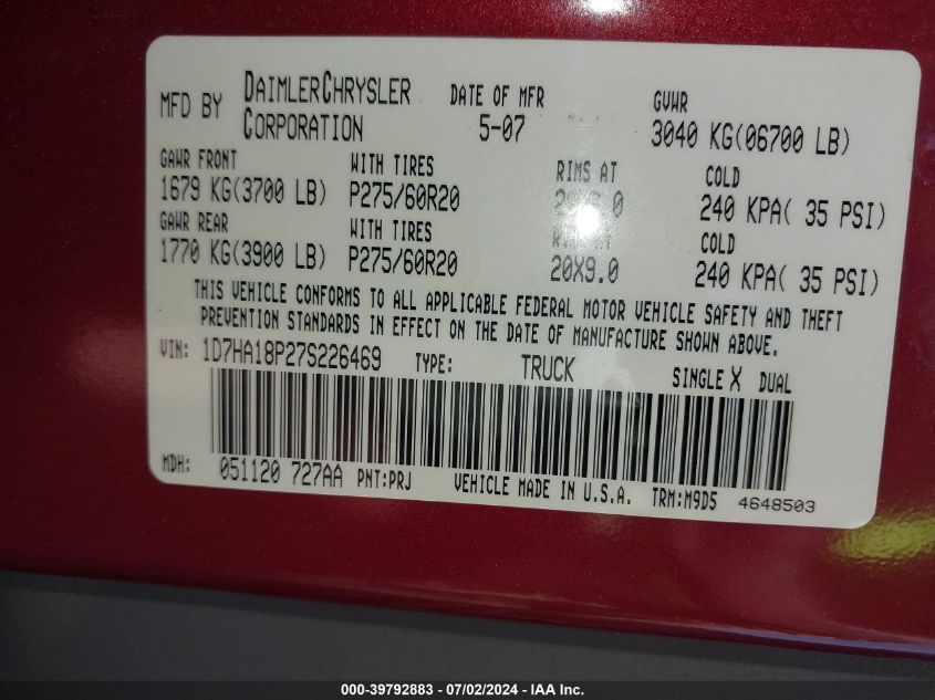 2007 Dodge Ram 1500 Slt VIN: 1D7HA18P27S226469 Lot: 39792883