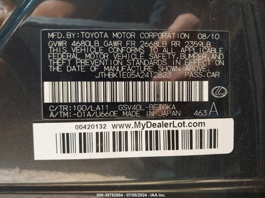 2010 Lexus Es 350 VIN: JTHBK1EG5A2412823 Lot: 39792884