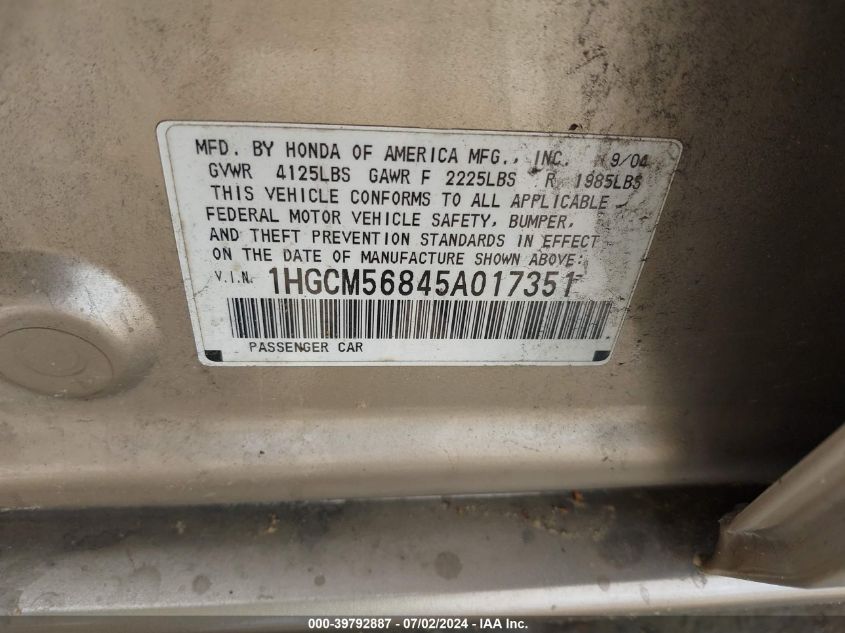 2005 Honda Accord 2.4 Ex VIN: 1HGCM56845A017351 Lot: 39792887