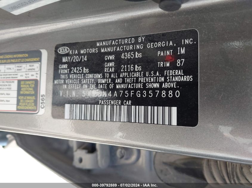 2015 Kia Optima Ex VIN: 5XXGN4A75FG357880 Lot: 39792889