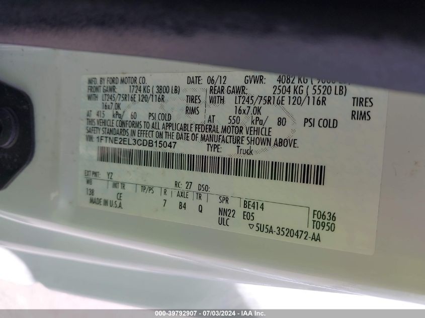 2012 Ford E-250 Commercial VIN: 1FTNE2EL3CDB15047 Lot: 39792907