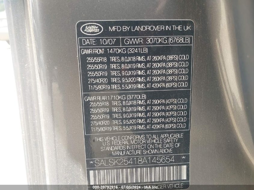 2008 Land Rover Range Rover Sport Hse VIN: SALSK25418A145654 Lot: 39792916