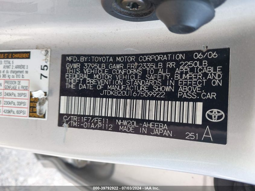 2006 Toyota Prius VIN: JTDKB20U167509922 Lot: 39792922