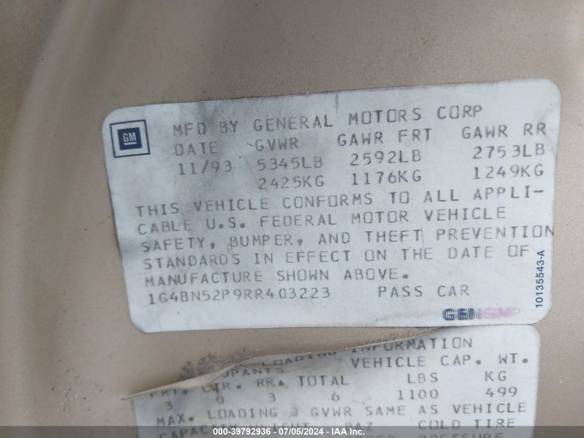 1994 Buick Roadmaster VIN: 1G4BN52P9RR403223 Lot: 39792936