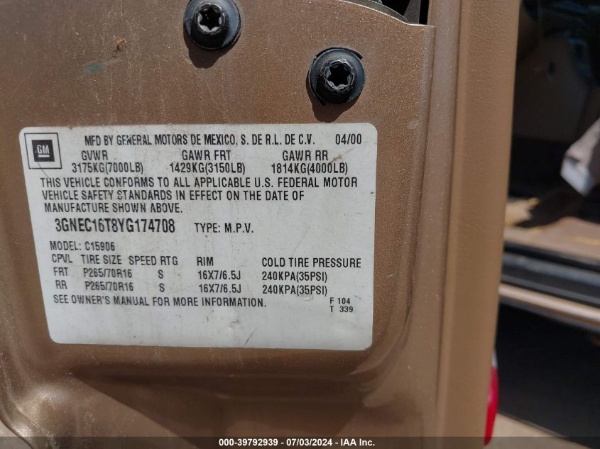 2000 Chevrolet Suburban 1500 Ls VIN: 3GNEC16T8YG174708 Lot: 39792939