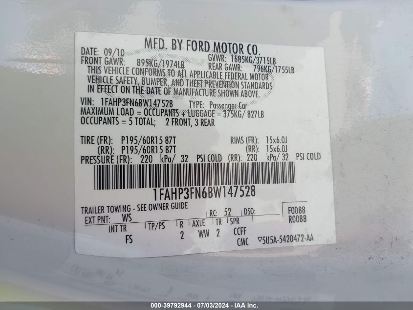 2011 Ford Focus Se VIN: 1FAHP3FN6BW147528 Lot: 39792944