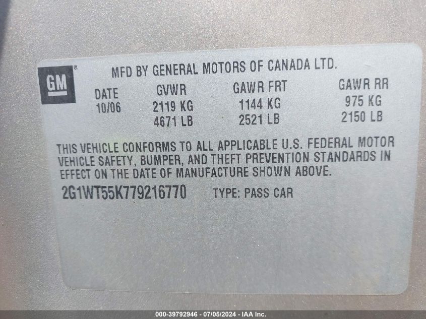 2007 Chevrolet Impala Lt VIN: 2G1WT55K779216770 Lot: 39792946