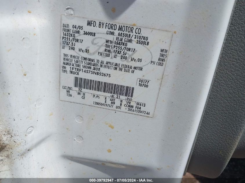 2005 Ford F-150 Fx4/Xl/Xlt VIN: 1FTRF14575NB52675 Lot: 39792947
