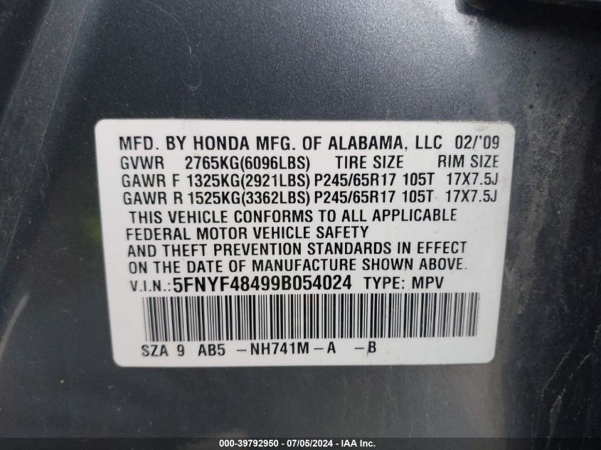 2009 Honda Pilot Ex VIN: 5FNYF48499B054024 Lot: 39792950