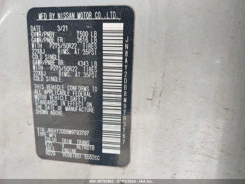 2021 Nissan Armada Platinum 4Wd VIN: JN8AY2DB8M9793767 Lot: 39792962