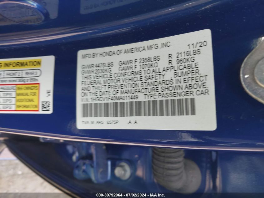 2021 Honda Accord Sport Special Edition VIN: 1HGCV1F40MA011449 Lot: 39792964