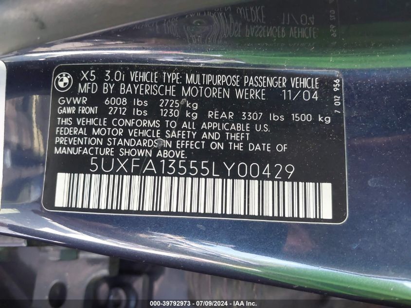 2005 BMW X5 3.0I VIN: 5UXFA13555LY00429 Lot: 39792973