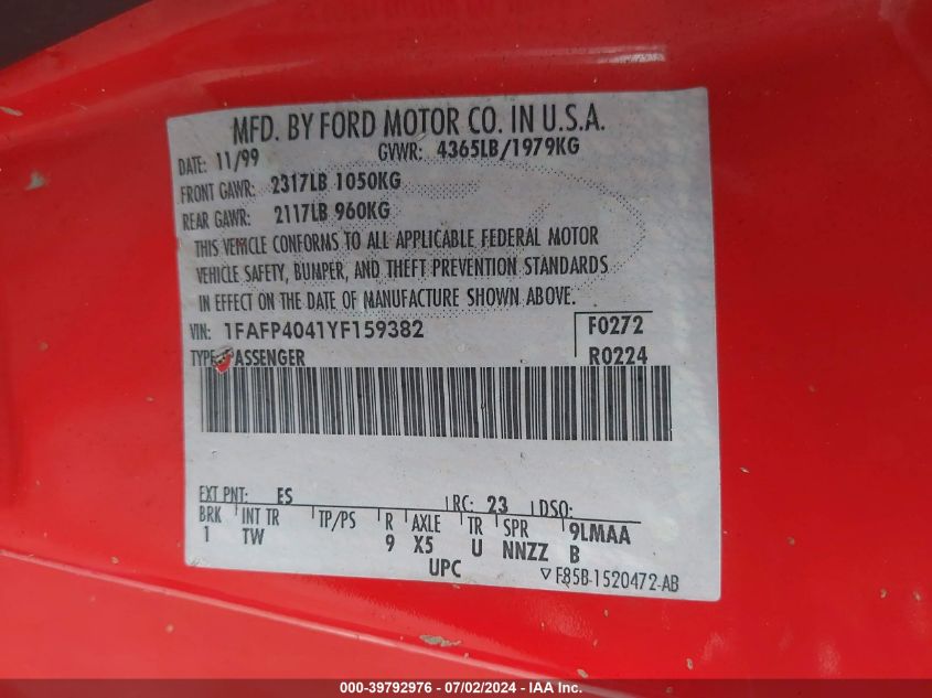 2000 Ford Mustang VIN: 1FAFP4041YF159382 Lot: 39792976