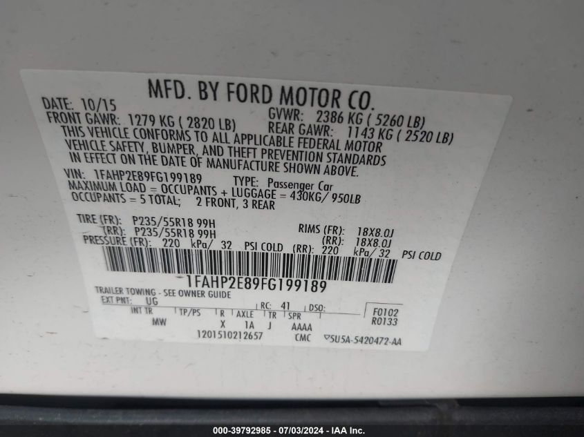 2015 Ford Taurus Sel VIN: 1FAHP2E89FG199189 Lot: 39792985