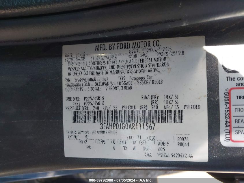 2010 Ford Fusion Sel VIN: 3FAHP0JG0AR111567 Lot: 39792988