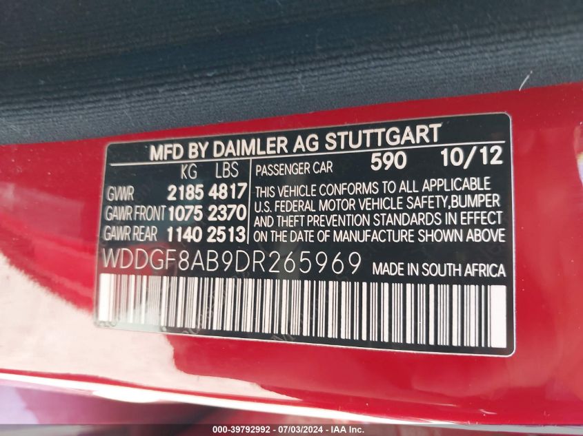 2013 Mercedes-Benz C 300 Luxury 4Matic/Sport 4Matic VIN: WDDGF8AB9DR265969 Lot: 39792992