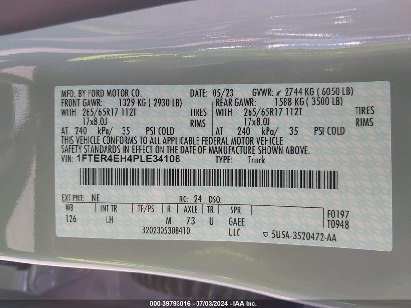 2023 Ford Ranger Xl VIN: 1FTER4EH4PLE34108 Lot: 39793016