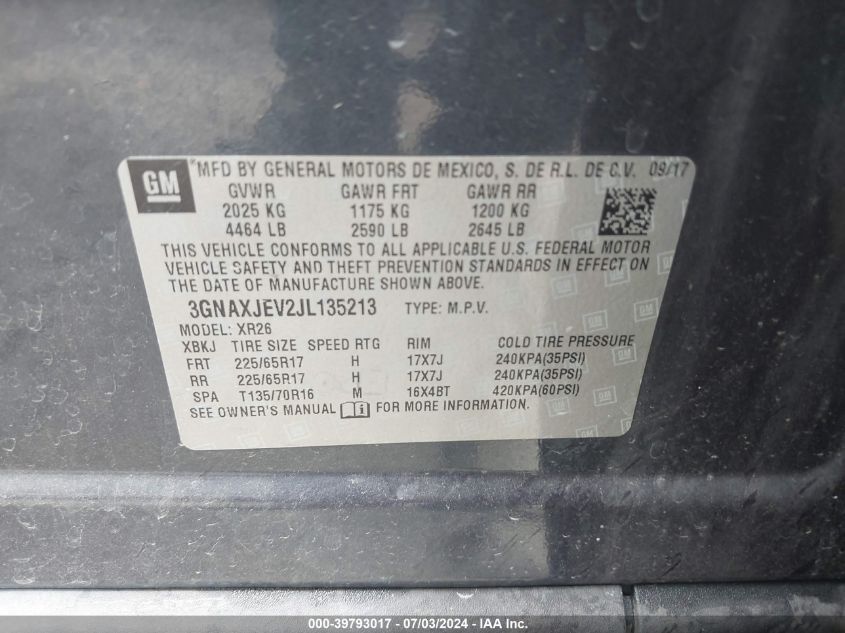 2018 Chevrolet Equinox Lt VIN: 3GNAXJEV2JL135213 Lot: 39793017