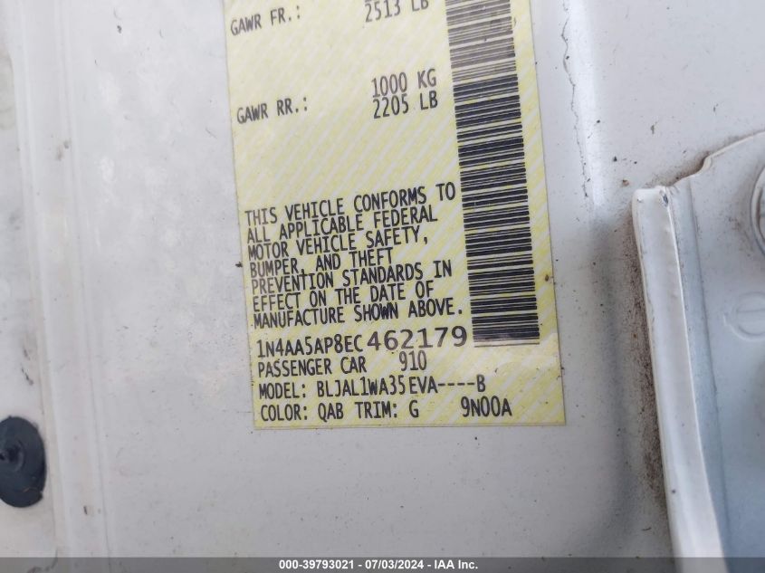 2014 Nissan Maxima S/Sv VIN: 1N4AA5AP8EC462179 Lot: 39793021