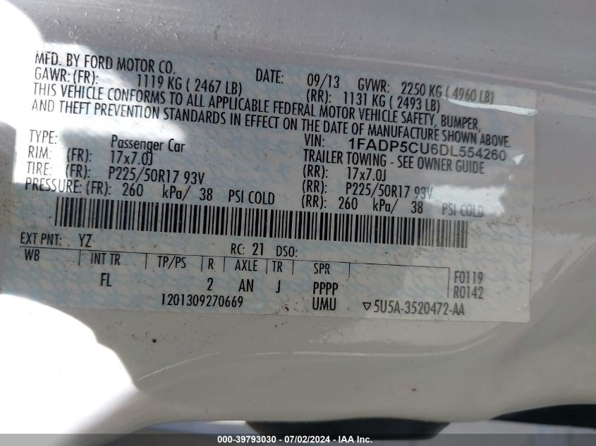 2013 Ford C-Max Energi Sel VIN: 1FADP5CU6DL554260 Lot: 39793030