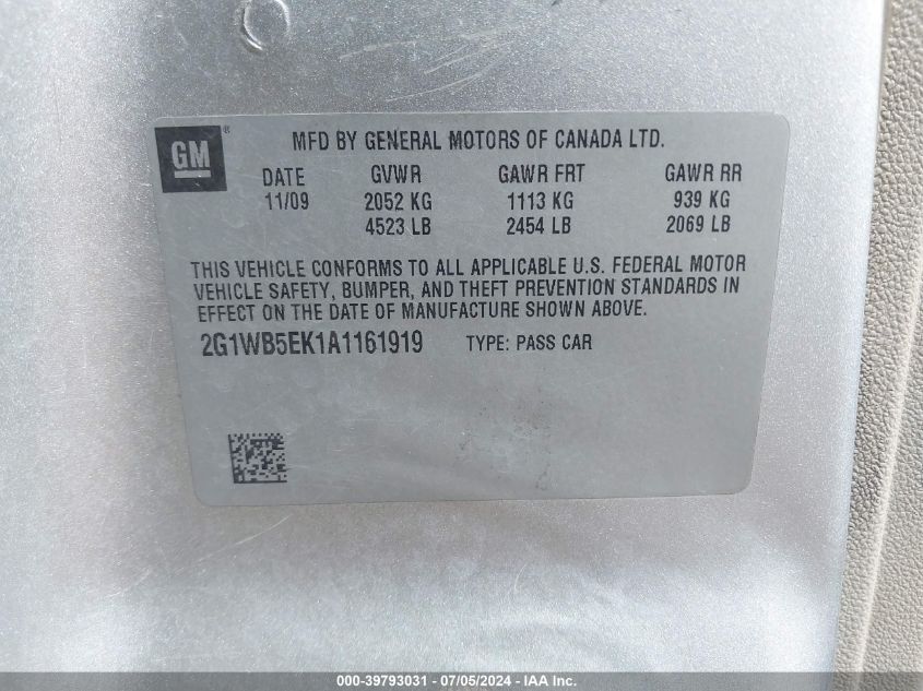 2010 Chevrolet Impala Lt VIN: 2G1WB5EK1A1161919 Lot: 39793031
